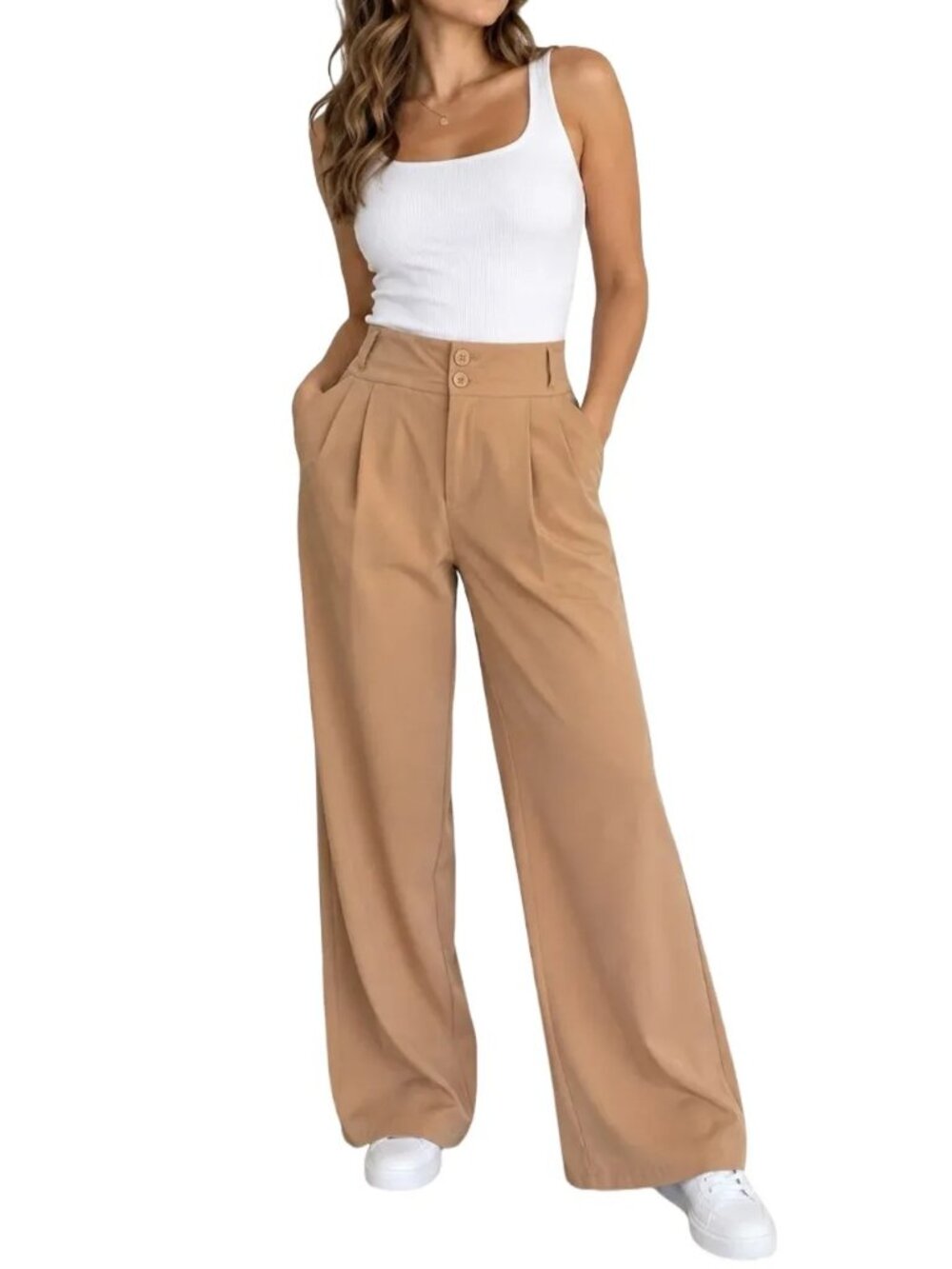 NWT HALARA Flex High Waisted Pleated Wide Leg Work Pants in Camel SZ L TALL